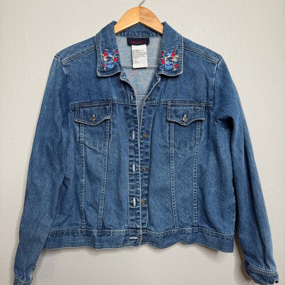 Vintage 90s Denim & Co. Embroidered Denim Floral Jacket Sz L
